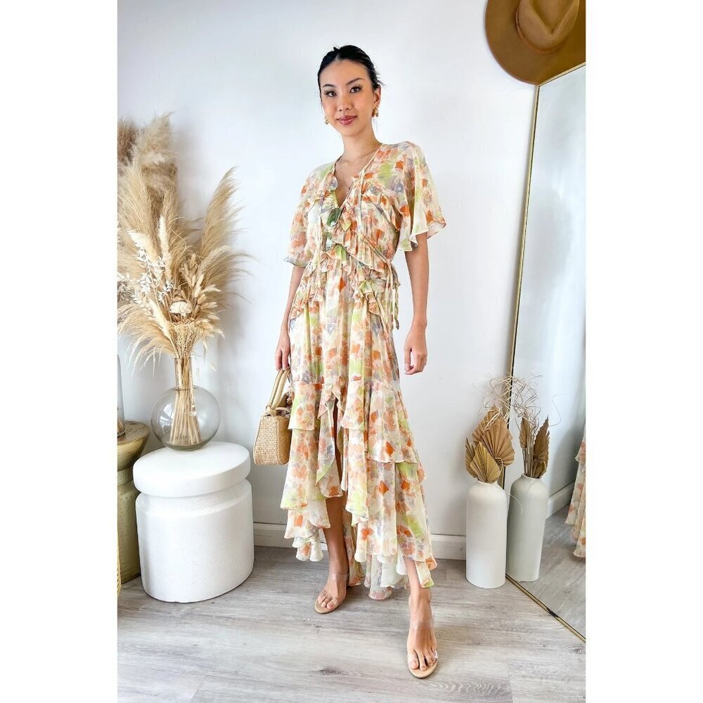 MISA Alana Floral Flutter Maxi Dress Chiffon Size XS NWT in Pastel Splash